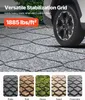 A close-up view of a stabilization grid under a car tire, with multiple examples of the grid filled with different materials shown below. Produktbild-Vorschau
