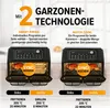A marketing image showcasing a dual-chamber air fryer with different cooking programs and features. Produktbild-Vorschau