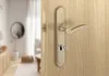 A close-up of a bronze door handle and lock mechanism on a wooden door, with a blurred interior room visible in the background. Produktbild-Vorschau