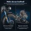 Close-up images of an electric bicycle's front fork and seat, with descriptive text highlighting features. Produktbild-Vorschau