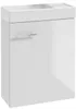 A white bathroom vanity with a sink and a chrome handle. Produktbild-Vorschau