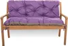 A purple tufted cushion set on a wooden garden bench.