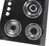 A close-up overhead view of a black gas stovetop with four burners and control knobs. Náhled obrázku produktu