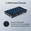 A marketing image showing a mini PC with arrows indicating airflow, highlighting its fanless design and passive cooling system. Produktbild-Vorschau