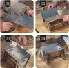 Vierteilige Collage mit Montageschritten für einen silbernen tragbaren Campinggrill mit Rost auf einem Holztisch Anteprima dell’immagine prodotto