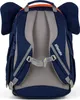 The back view of a blue elephant-shaped backpack with padded straps and a chest strap. Produktbild-Vorschau