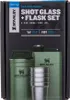 The image shows the packaging of a Stanley shot glass and flask set. The packaging is dark with text and graphics describing the product. The product itself is visible through a cutout in the packaging. Produktbild-Vorschau