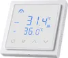 A white smart thermostat with a blue LED display. Náhľad obrázku produktu