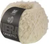 A ball of fluffy, cream-colored yarn with a black label wrapped around it. Produktbild-Vorschau