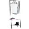 A black metal garment rack with clothes and shoes on it, set against a white background. Náhled obrázku produktu