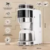 A white coffee machine with integrated grinder and thermal carafe, shown with feature callouts and dimensions. Náhľad obrázku produktu