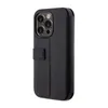 A black leather phone case for an iPhone 14 Pro is shown from the side against a white background. Produktbild-Vorschau
