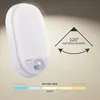 A white LED outdoor light with a motion sensor is shown, with diagrams illustrating its beam angle and color temperature options. Produktbild-Vorschau