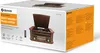 The image shows the retail packaging of a retro wooden music center. Náhled obrázku produktu