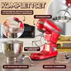 A collage of images showing a red stand mixer and its accessories, with German text labels pointing to different parts and functions. Náhľad obrázku produktu