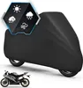 A black motorcycle cover is shown with a smaller motorcycle in the foreground. A hexagonal overlay displays icons for sun, lightning, snow, and wind. Produktbild-Vorschau