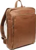 A brown leather rucksack is shown from a side angle against a white background.