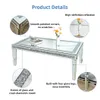 A mirrored coffee table with diamond inlay and glass legs, with callouts highlighting its features. Anteprima dell’immagine prodotto