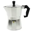 A silver moka pot with a black handle and lid knob. Produktbild-Vorschau