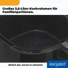 Close-up of the interior of a black air fryer basket with text overlays. Produktbild-Vorschau