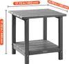 A gray plastic side table with two shelves is shown from a slightly elevated front-left angle against a white background. Dimensions are indicated with orange text overlays. Anteprima dell’immagine prodotto