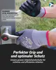 Close-up of hands wearing work gloves, one hand gripping a metal handle, with text overlays describing product features. Produktbild-Vorschau