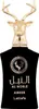 A black perfume bottle with a gold deer head cap and Arabic text on the front. Voir les images du produit