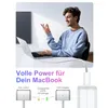 A man is using a MacBook while it is charging, with graphics illustrating the charging status. Produktbild-Vorschau