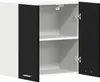 A white and black cabinet with two doors open, showing two shelves inside. Produktbild-Vorschau