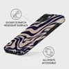 A phone case with a beige and navy blue abstract pattern is shown at an angle against a light gray background. Callouts highlight features. Náhled obrázku produktu