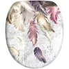 A toilet seat with a feather design on a textured gray and white background. Produktbild-Vorschau