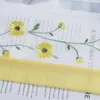 A close-up of embroidered yellow flowers on a white background with text. Produktbild-Vorschau
