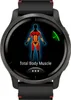 A smartwatch displaying a graphic of a human body with muscle groups highlighted, indicating a 'Total Body Muscle' feature. Produktbild-Vorschau