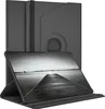 A black tablet case is shown in a studio setting, with a tablet displaying a black and white image of a pier and water. Produktbild-Vorschau