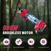 A red electric pruning shear is shown cutting a tree branch in a forest setting, with text overlays highlighting its features. Produktbild-Vorschau