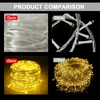 A collage comparing two types of LED string lights, showing close-ups of the product and its components. Produktbild-Vorschau