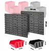 A collection of storage bins and wall panels, with dimensions indicated. Náhled obrázku produktu