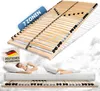 A collage showing a slatted bed base and a person sleeping on a mattress. Produktbild-Vorschau