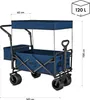 A blue foldable wagon with a canopy, shown with dimensions indicated. Voir les images du produit