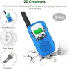 A blue walkie-talkie is shown on a cracked white surface, with icons and text highlighting its features. Produktbild-Vorschau