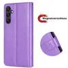 A purple flip case for a Samsung Galaxy A25 phone, shown from the front and with a close-up of the closure mechanism. A graphic indicates a magnetic closure. Produktbild-Vorschau