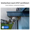 A security camera mounted on the side of a house during a rainstorm. Produktbild-Vorschau