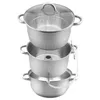 A stainless steel juice maker with three stacked pots and a glass lid. Produktbild-Vorschau