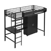 A black metal loft bed with an integrated desk and wardrobe, shown against a white background. Náhled obrázku produktu