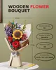 A wooden flower bouquet with product specifications displayed on the right side. Produktbild-Vorschau