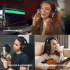 A collage of four images showing people using headphones in different music-related scenarios: music production, mixing and recording, and playing an electronic guitar. Produktbild-Vorschau