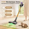 A person is using a cordless vacuum cleaner on a carpeted floor, with a cat lying nearby. The vacuum is shown cleaning up small debris, and there are graphics indicating different suction power levels. Produktbild-Vorschau