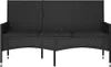 A black three-seater garden bench with cushions, shown from the front on a white background. Produktbild-Vorschau