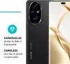 A smartphone with a camera module and a screen displaying a golden liquid effect, with text describing camera glass protection. Produktbild-Vorschau