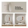 A collage showing a mirror installation guide and two examples of the mirror installed in a bathroom setting. Náhľad obrázku produktu